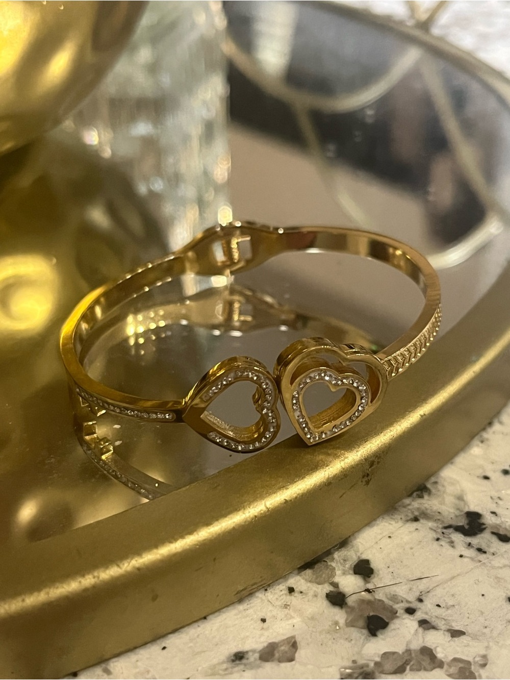 Gold Double Heart Bangle Bracelet - Women Jewelry
